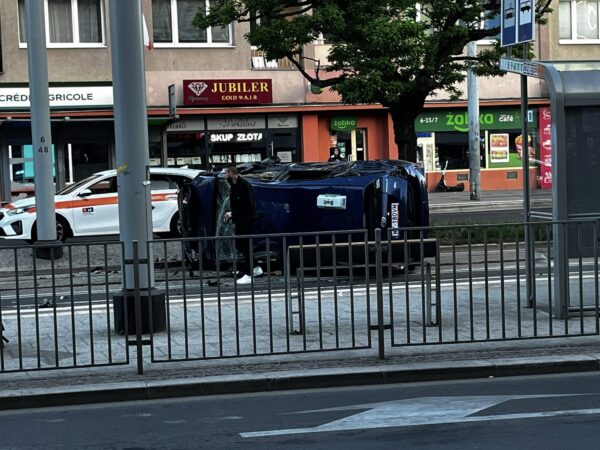 szokujące nagranie w sieci. auto dachowało na placu rodła - wszystko nagrała kamera!